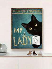 1 pieza Cuadro de pared de lienzo divertido para baño impresión de imagen de gato negro decoración de inodoro, su servilleta mi dama cartel teja sin marco arte de animales para decoración de baño