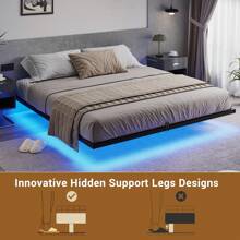 King Size Floating Bed Frame With LED Lights, Metal Platform Bed With Heavy Duty Steel Slats, Black - Black - View 4