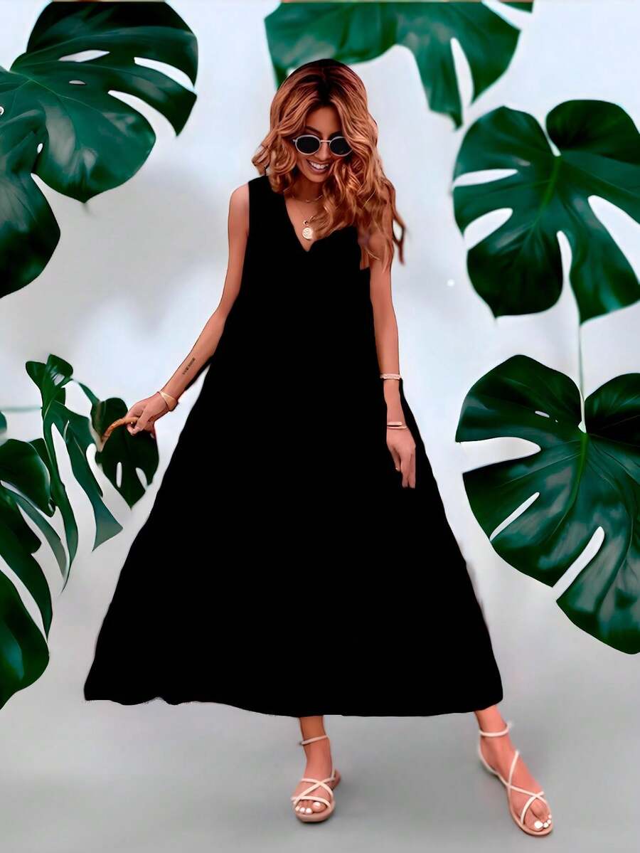 Vestido largo holgado sin mangas playero de moda para mujer - Negro - Ver 1