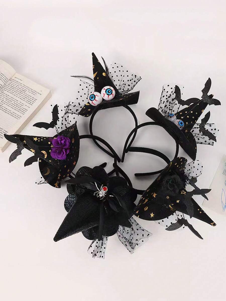 1 pieza Diadema con sombrero de poliéster para Halloween con decoración de encaje, ojo de terror, murciélago y araña, adecuado para fiesta y actuación, accesorio de tocado - Multicolor - Ver 1