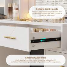 Makeup Vanity Desk With Power Outlets, Makeup Table With Lighted Mirror And Glass Tabletop For Bedroom - trắng - Xem 4