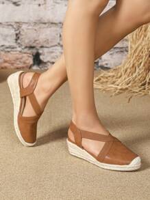 女式閉趾交叉帶蛇紋帆布楔型麻繩鞋底 - 棕色 - 查看 3