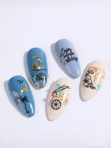 4 hojas Pegatina de uñas con diseño veraniego de árboles de coco y palmeras tropicales en láser negro, dorado y plateado, follaje y playa del océano, calcomanías de arte de uñas de verano - Multicolor - Ver 6