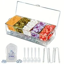 5-Compartment Chilled Condiment Server Tray - Keep-Your-Condiments-Fresh With Convenient Lid And Removable Compartments - Perfect For Party, Toppings Bar, And Garnish, Clear Ice Condiment Serving Tray For Social Gatherings And Events Gift Bag Party Kitchen
