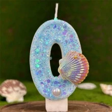Bougie d'anniversaire créative avec perles fausses en coquille, motif océan bleu. Décoration de gâteau étincelante pour créer une atmosphère festive significative pour anniversaire, Noël