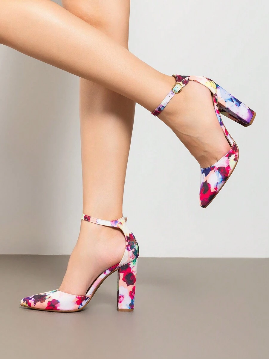 Women Ankle Strap Chunky Heel High Heels Pumps Closed Pointed Toe Fashionable Elegant Wedding Pump Shoes - 彩色 - 查看 1