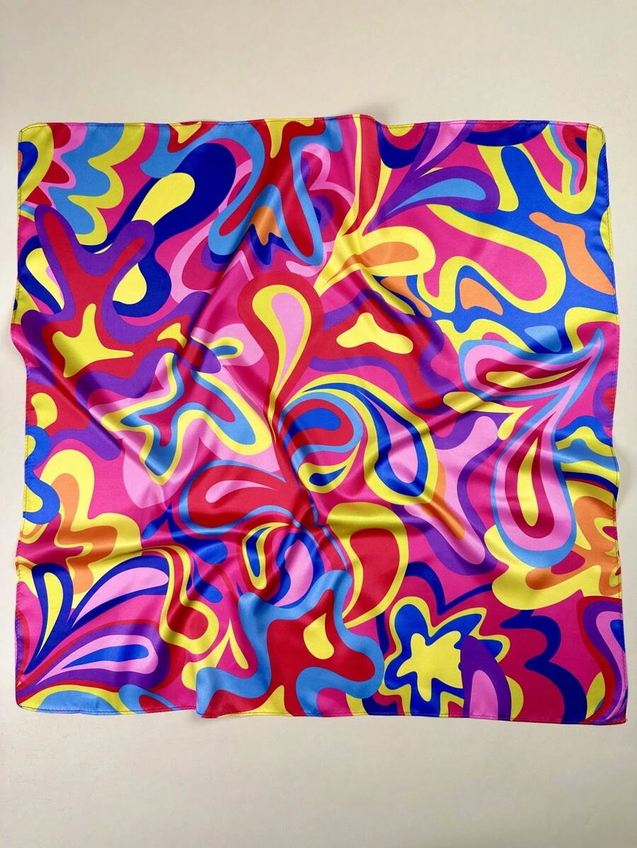1PC Ladies Psychedelic Geo Print Square Scarf Elegant Neckerchief Bandana Women Satin Head Scarf Hair Accessories