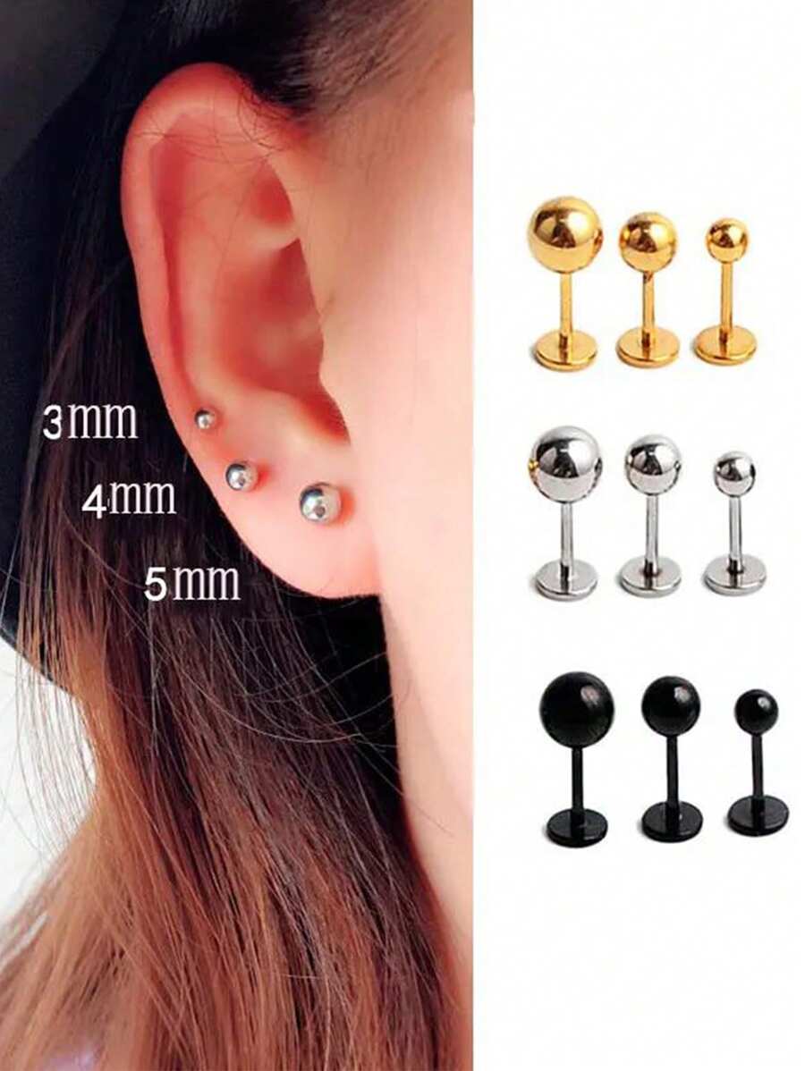 2个20G不锈钢球形耳钉，2-5mm扁平耳骨耳屏鼻环，女士耳部穿刺饰品 - 球平底耳釘 - 查看 1
