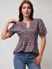 女式V領短袖褶皺腰印花T卹 - 紅色 - 查看 4