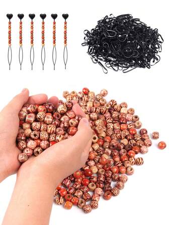 100Pcs 12mm Pattern Colors Wooden Dreadlock Hair Beads Send 100pcs Rubber Band 1pc Tools With 5mm Hole For Loc Jewelry Valentine's Day Hair Clips Claw Clips Hair Claws Hair Slide Hair Barrettes, School Stuff