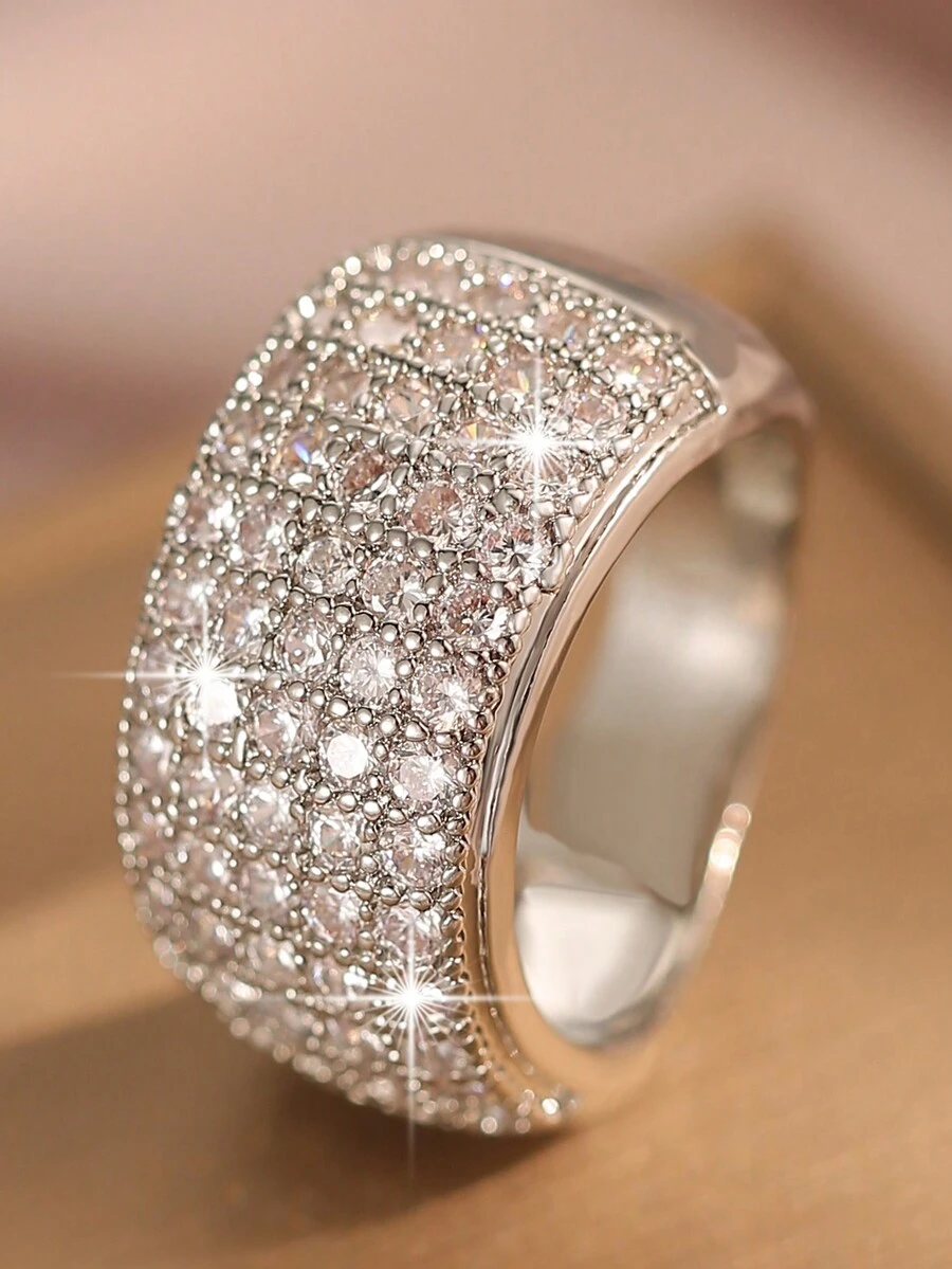 1件奢華大鑽石訂婚戒指，圓形水晶婚戒，新娘珠寶奢華禮服 - 銀色 - 查看 1