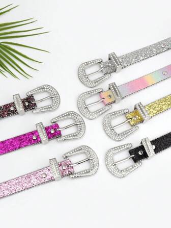 1pc Kids New Rhinestone Decor Glitter PU Belt, Quality Waist Belt For Jeans, Dresses, Casual Style
