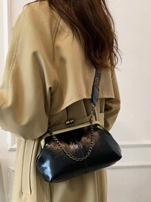 Simple Plain Embroidered Shell Bag Large Capacity Pocket Purse Stylish Chain Iron Clip Slant Span Shoulder Mobile Bag - Black - View 2