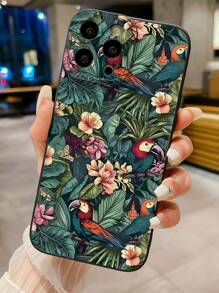 1pc Floral And Bird Pattern Eye-Catching Phone Case, Compatible With IPhone, Samsung, Xiaomi/Redmi, OPPO/Realme, VIVO, Infinix - Black - View 1