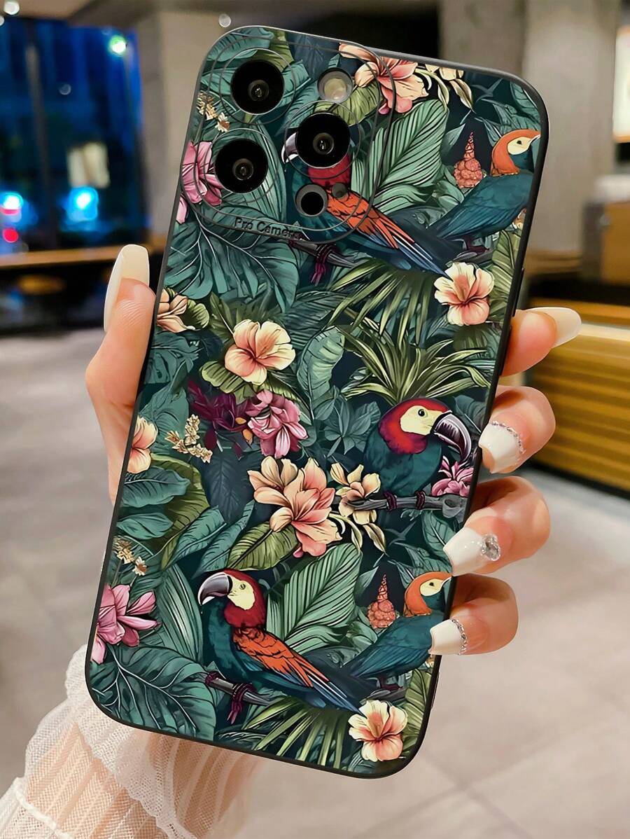 1pc Floral And Bird Pattern Eye-Catching Phone Case, Compatible With IPhone, Samsung, Xiaomi/Redmi, OPPO/Realme, VIVO, Infinix - Black - View 1
