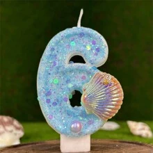 Bougie d'anniversaire créative avec perles fausses en coquille, motif océan bleu. Décoration de gâteau étincelante pour créer une atmosphère festive significative pour anniversaire, Noël