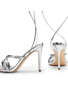Women Strappy Tie Leg Design Heeled Sandals, Fashionable Square Toe Lace Up Stiletto Heeled Sandals - 銀色 - 查看 6