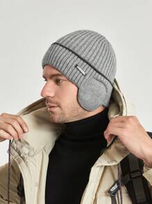 1pc Men's Grey Ear Protection Knitted Hat With Thermal Lined , Skull Cap For Outdoor Cold Weather, Suitable For Daily Use Beanie Fall Outfit - Light Grey - View 1