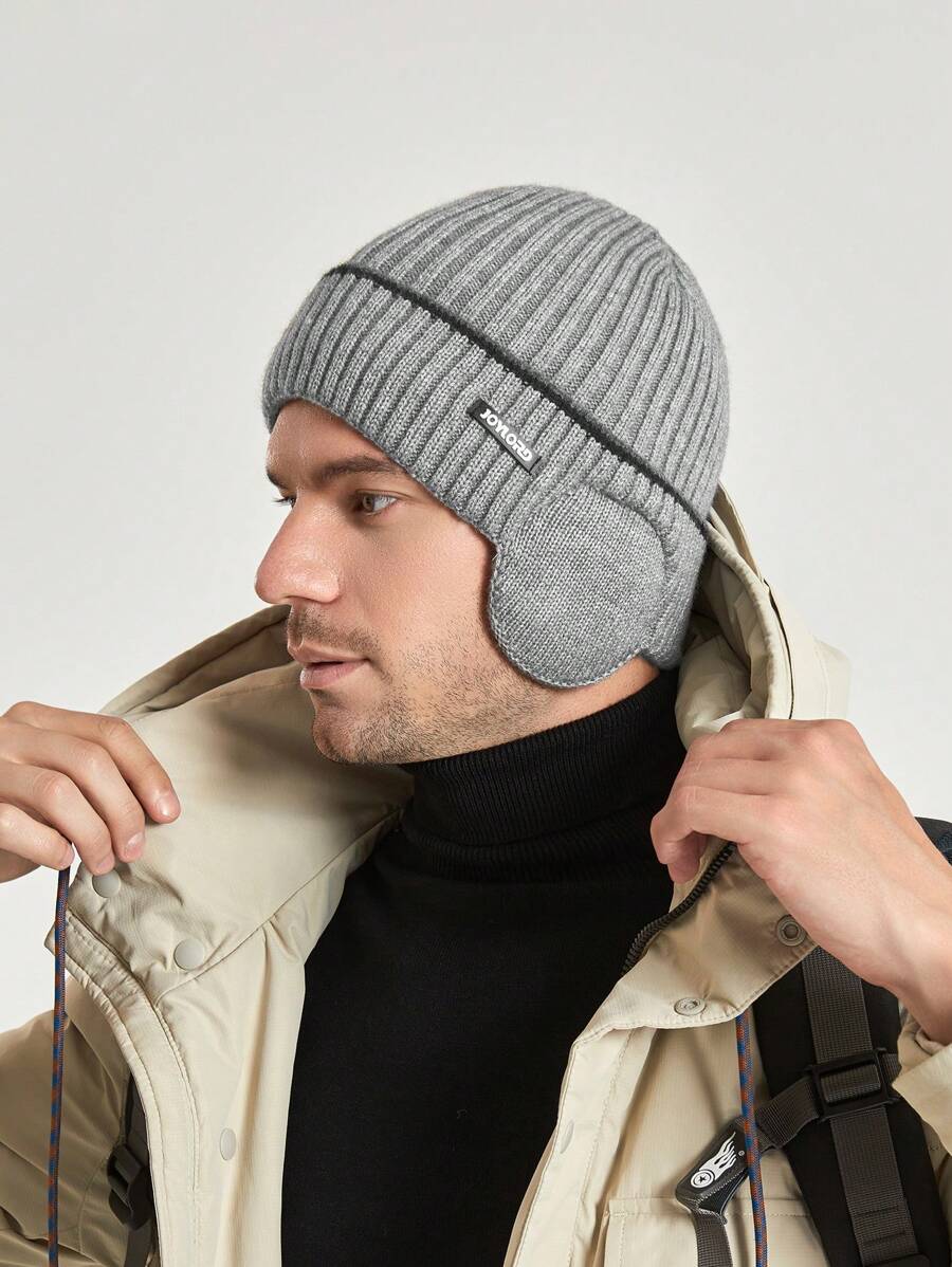 1pc Men's Grey Ear Protection Knitted Hat With Thermal Lined , Skull Cap For Outdoor Cold Weather, Suitable For Daily Use Beanie Fall Outfit - Light Grey - View 1