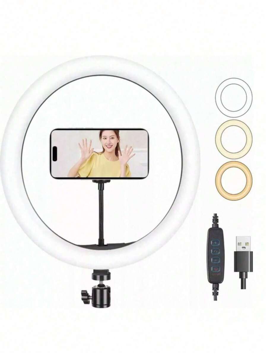 Aro de Luz LED Profesional de 10 Pulgadas con Soporte Para Teléfono Móvil y 3 Modos de Ajuste de Luz - Blanco y Negro - Ver 1
