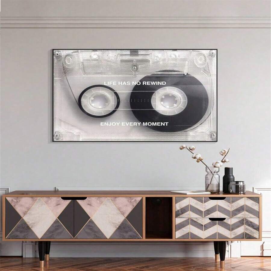 1入靈感卡式帶盒帆布印刷壁畫海報，附上勵志語錄，「不要倒帶，不要停止，開始行動」，適用於客廳、臥室、浴室、辦公室、走廊、廚房牆壁裝飾，無框 - 彩色 - 查看 1