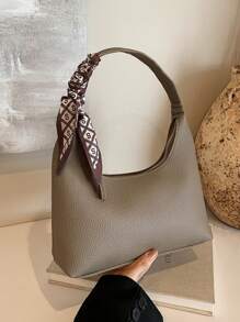 Minimalist Ladies' Shoulder Messenger Bag With Silk Scarf - Khaki - View 2