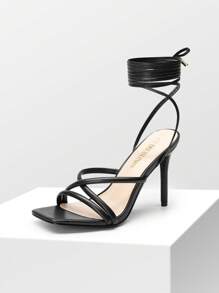 Women Strappy Tie Leg Design Heeled Sandals, Fashionable Square Toe Lace Up Stiletto Heeled Sandals