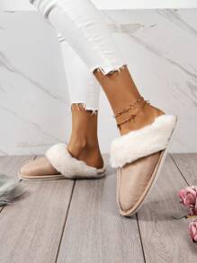 Women's Comfortable Non-Slip Durable Faux Rabbit Fur Slide Sandals With Faux Suede - Khaki - View 4