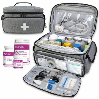 First Aid Storage Carry Bag(Empty Bag), Pill Bottle Organizer For Emergency Trauma Medical Kits Supplies Waterproof, Ideal For Home, Office, Car, Travel, Outdoor, Camping, Hiking(Grey) Travel Essentials Holiday Vacation Back To School Stuff Medicine Organizer Emergency Bag For School Emergency Kit