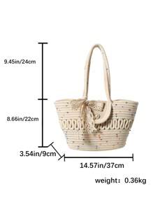 Tropiscape 时尚大容量编织草编手提包，休闲包，饰有丝巾，镂空绳编设计，夏季沙滩单肩水桶包，女士翻盖仿珍珠装饰包，百搭实用，夏季度假包，沙滩包，完美适用于夏季、度假和日常使用，旅行必备，秋季、圣诞节、冬季圣诞礼物 - 米色 - 查看 11