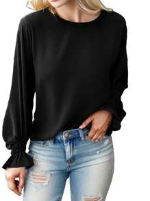 女士圓領荷葉邊燈籠長袖休閒寬鬆襯衫 - 黑色 - 查看 1