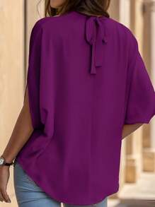 女士小立領褶皺和蝙蝠袖休閒套裝和頭帶 - 紫色 - 查看 5