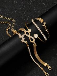 5pcs Set Fashionable Minimalist Elegant Butterfly, Heart, Flower, Tulip, Rhinestone Bangle Bracelet Set, Perfect For Holiday, Party, Date, Gift, Daily Wear - Silver - View 4