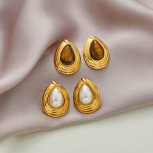 1pair Tiger's Eye Stone Vintage Style Stainless Steel Stud Earrings, With Pearl Inlay For Party And Celebration - Multicolor - View 9