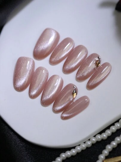 100% 纯手工制作裸粉色猫眼压片指甲装饰闪光香槟色水钻 10 片杏仁形手工指甲贴可重复使用假指甲用于美甲设计日常使用和节日派对礼物女孩美甲用品指甲