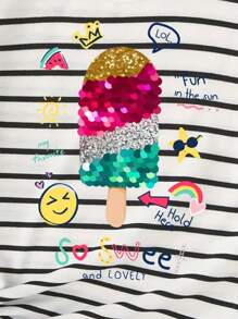 夏季少女条纹短袖 T 恤，圆领 - 白色 - 查看 5