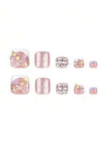 Minimalism Cute 24Pcs Handmade 3D Colorful Butterfly Gold Flower Sparkling Diamond Full Cover French Style Fashionable Luxury Nails For Any Occasion Press On Nails