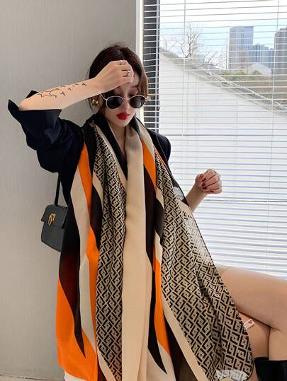 Fashionable Geometric Orange And Black Printed Color Block Shawl For Women, Suitable For Windproof, Warmth, Anti-Uv, Tourism And Dating Outfits, As A Gift To Your Girlfriend Elegant Bandana,Hair Band,Head Band Ideal For Dressing Up Your Look Winter Fall