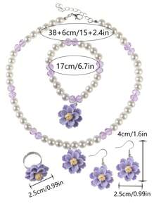 Set de 5 piezas con collar, pulsera, aretes y anillo de flor con doble capa de cuentas 3D, decoración elegante para niña, adecuado para fiestas - Flores - Ver 6