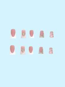 Set de 24 uñas postizas de estilo francés en forma de pico de pato con diseño de diamantes de imitación estrellados para uso diario, incluye pegamento en gelatina y archivo de uñas, adecuado para todas las mujeres - Blanco - Ver 4