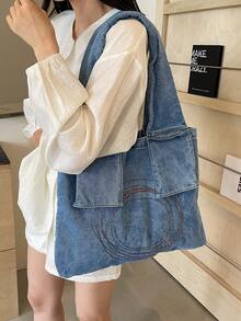 Túi tote vải thêu trơn giản dị và đơn giản dành cho nữ - Màu xanh lam - Xem 3