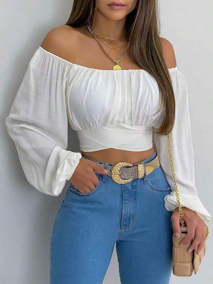 Camiseta de manga larga sin tirantes con lazo cruzado Camiseta de manga larga con estampado de farolillos - Blanco - Ver 1