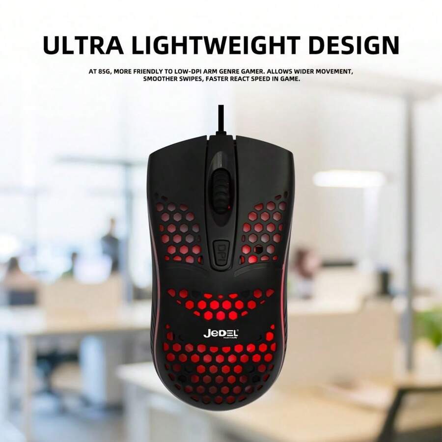 超輕蜂窩式遊戲滑鼠，人體工學有線辦公滑鼠，高速精密光學傳感器，彩虹條狀照明，高品質輕質編織傘繩和平滑滑輪滑鼠腳（白色和黑色） - 黑色 - 查看 1