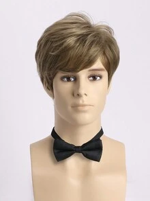 Peluca sintética de fibra mixta de 10 pulgadas, de moda para hombres, de pelo corto rizado y natural con flequillo, para uso diario, fiestas y vacaciones - Marrón - Ver 3