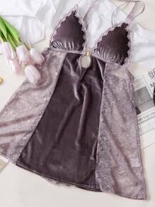 Sexy Lingerie, Cami Slip Dress With Lace & Velvet Patchwork, Front Open & Crossed Straps Design - Purple - View 12