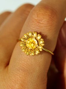 1 anillo de girasol con decoración de circonia cúbica deslumbrante y a la moda, joya de compromiso de promesa eterna, regalo clásico de aniversario de cumpleaños - Dorado - Ver 2