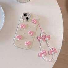 時尚3D珍珠蝴蝶結手鍊TPU米色手機殼，適用於iPhone 15 Pro Max / 15/15 Plus / 14 Pro Max / 14 Pro / 14、iPhone 13、12、12 Pro、11，時尚耐震，電鍍鈕扣 - 米色 - 查看 4