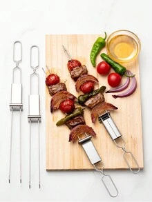 可重複使用的430不銹鋼烤肉串，半自動烤肉叉，適用於戶外燒烤，防燙攜帶方便，非常適合烤雞翅，蔬菜，魚，蝦和肉串，廚房，廚房用品，食品，烹飪，露營，度假，沙灘，房間裝飾，組織者，派對，旅行。 - 彩色 - 查看 9