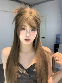 1 Piece Synthetic Heat-Resistant ,Straight Hair  Wigs  Linen Brown  ,28 Inches Long, Made From Fiber, Suitable For Daily Use, Natural And Realistic False  Wig(Excluding Accessories) - 亞麻棕 - 查看 1