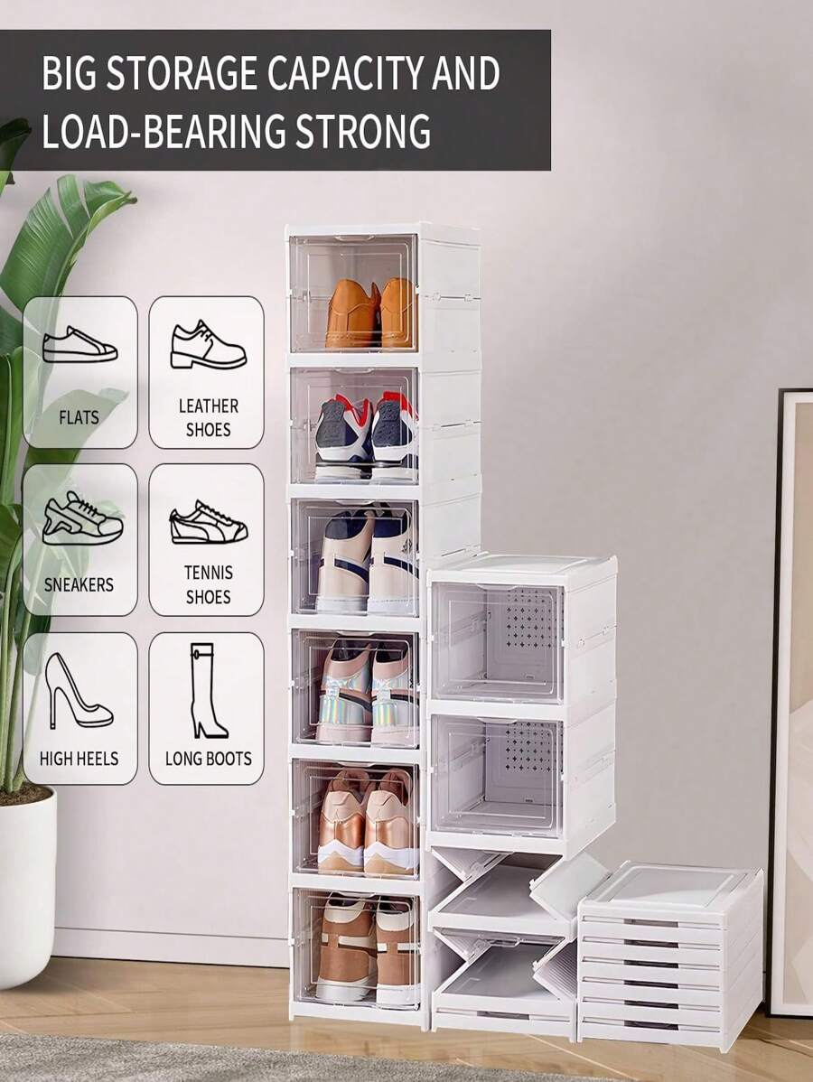1pieza Zapatera Plegable, Organizador de Zapatos Plásticos Plegable y Apilable con Tapas para Mujeres y Hombres, Ahorro de Espacio,6 Niveles - Blanco - Ver 1